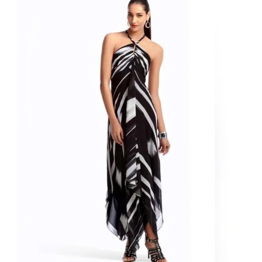 WHBM NWT Sz 4 Black White Satin Abstract Halter Maxi Dress‎ Cocktail Formal